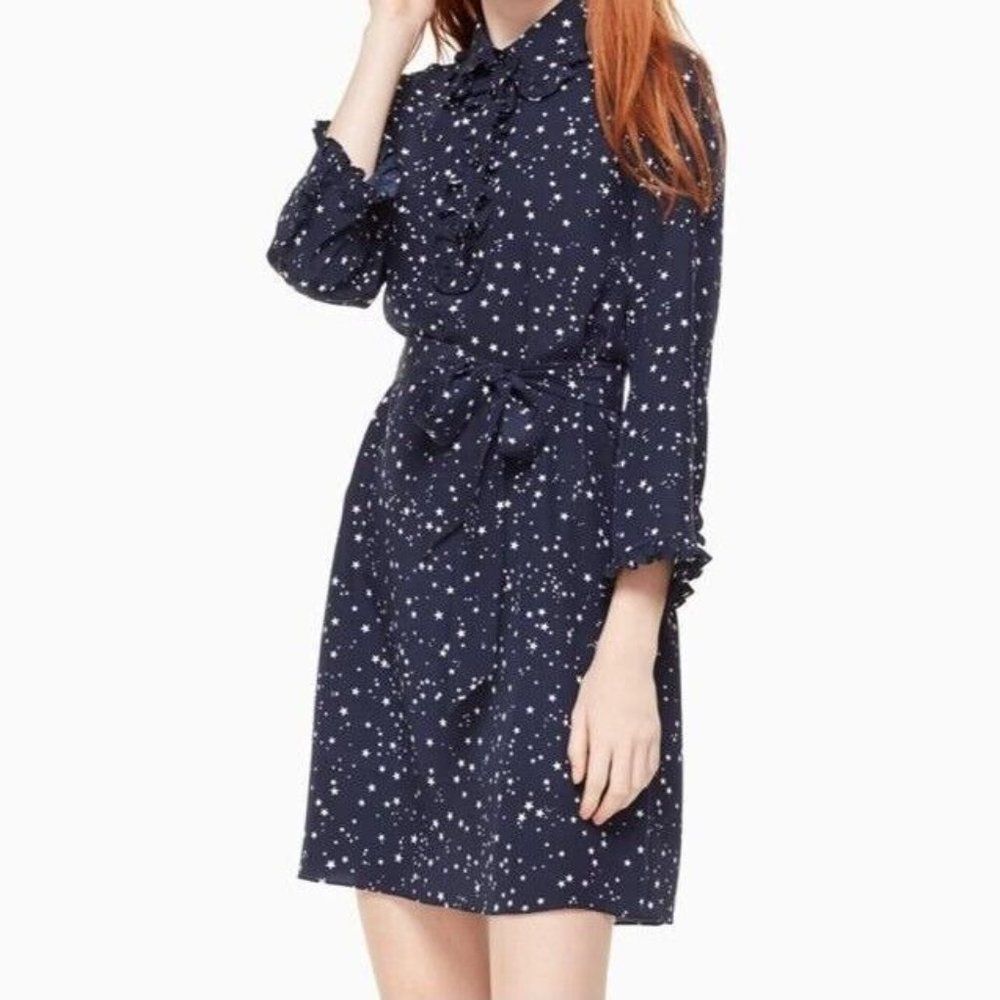 Kate Spade Womens Silk Navy Blue Star 3/4 Sleeve Ruffle Mini Dress Sz XS - Picture 11 of 11
